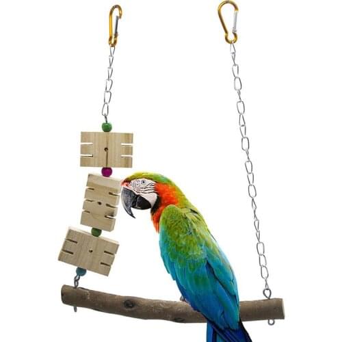 Bird Swing Toy Wooden Blocks Toy Metal Chain Bird Hanging Toy Parrot Hammock Toy Bird Cage Hanging Toy Parrot Training Toy
