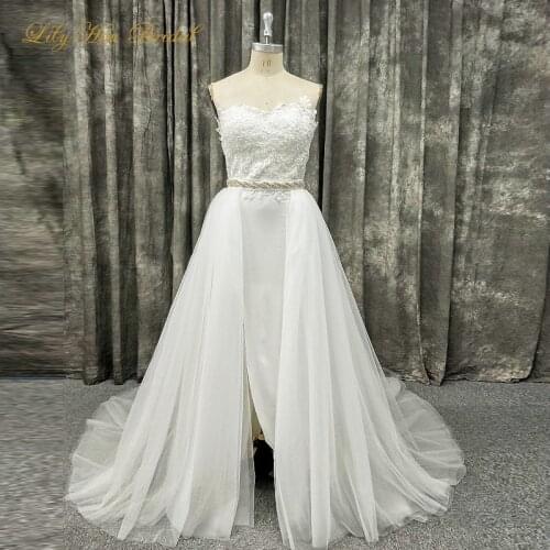 Real Photo Two in One Wedding Dresses Sweetheart Sleeveless Beaded Lace Appliques Corset Back Sexy Slit Bridal Gown Detachable