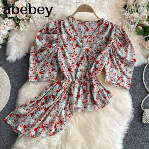 2020 New Summer Fashion Temperament V-neck puff sleeve Shirt high waist pleated waist irregular Ruffles Floral Shirt Top