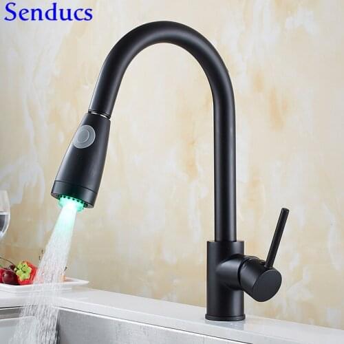 Senducs LED Pull Down Kitchen Faucet Quality Brass Kitchen Tap Deck Mounted Black Kitchen Sink Faucet Pull Out Kitchen Mixer