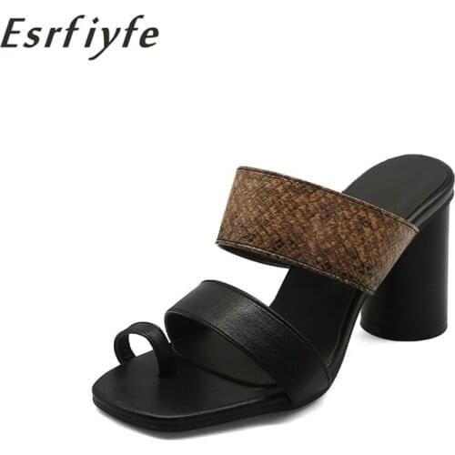 ESRFIYFE New Fashion Black Yellow Leathher Square High Heels Women Summer Outdoor Mules Slippers Female Peep Toe Party Shoes