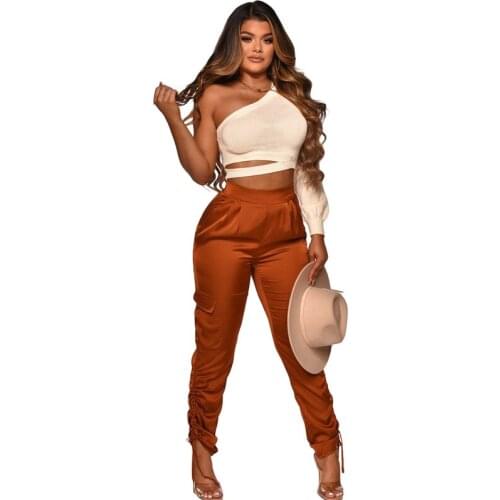 Streetwear Silk Side Drawstring Woman Pants Autumn High Waisted Pants Trousers with Pockets Long Joggers Women Stacked Pants