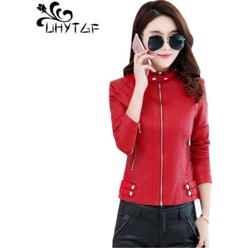 UHYTGF Autumn Winter leather jacket Women Fashion Short Outerwear Standing collar Slim leather jacket Lady Elegant coat M-4XL128