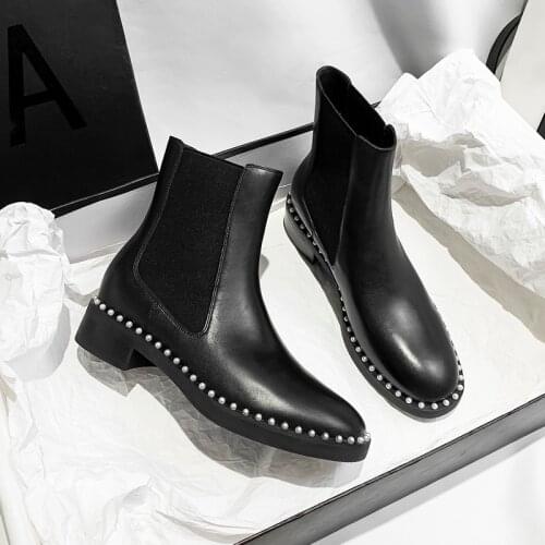 Autuspin Winter Chelsea Ankle Boots for Women Black Lace Up Genuine Cow Leather Boots Ladies Party Nightclub Thick Heel Shoes