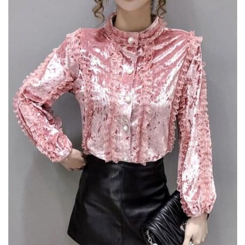 Womens Spring Autumn Style Blouse Shirt Womens Solid Color Long Sleeve Turtleneck Button Lace Splicing Casual Tops SP976