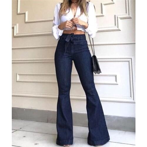 Womens Solid Color Vintage Flare Jeans Lace-up Waistband High Waist Flared Long Trouser for All Seasons
