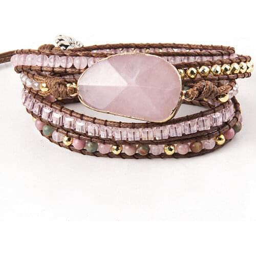 RH Fashion Handma Boho Bracelet Natural Stones Pink Charm 5 Strands Wrap Bracelets Women Gift DropShipping