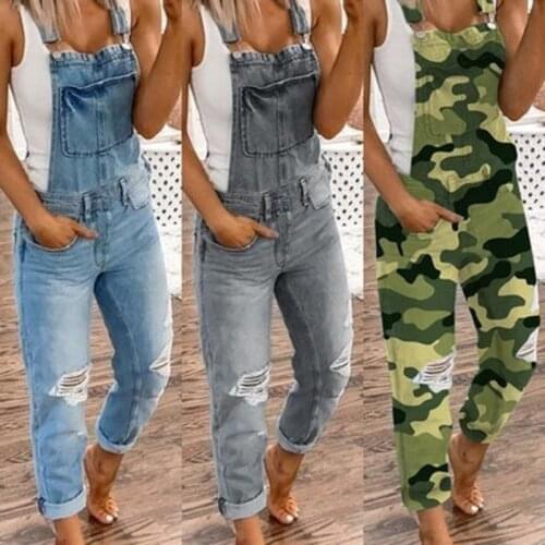 Women Denim Bib Overalls Jeans Jumpsuits and Rompers Ladies Ripped Hole Casual Long Playsuit Pockets Jumpsuit Dropshipping