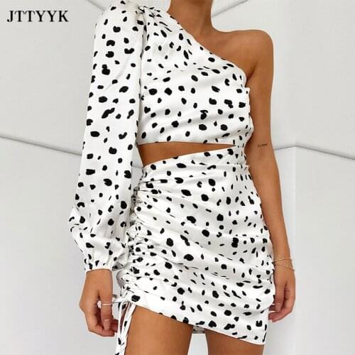 2-piece Set Sexy One Shoulder Dress Ruched Leopard Print Cut Out Beach Dresses Ladies Summer White Dress Women Party Vacation