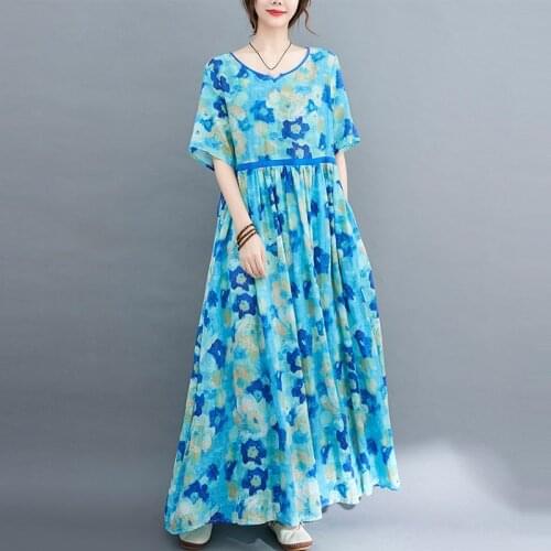 Women Cotton Linen Causal Maxi Dress New Arrival 2021 Vintage Style Floral Print Loose Ladies Elegant A-line Long Dresses B579
