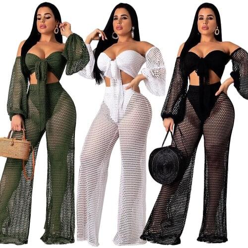 2021 Summer Hollow out cover ups sexy women off shoulder Top+beach pants bikini swimwear swimsuit cover up beachwear 2PCS/SET