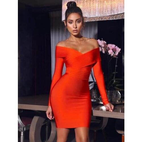 2021 women winter fashion high quality newest red off shoulder v neck long sleeve bandage dresses party dress wholesale