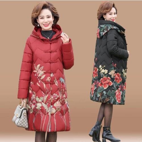 2021 Winter Parkas Overcoat Women Casual Hooded Jackets Long Sleeve Warm Floral Print Female Coats Female Outerwear X659