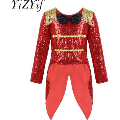 Kids Girls Ringmaster Circus Cosplay Costume Long Sleeves Shiny Sequins Bowtie Fringe Swallow-Tailed Coat for Halloween Party