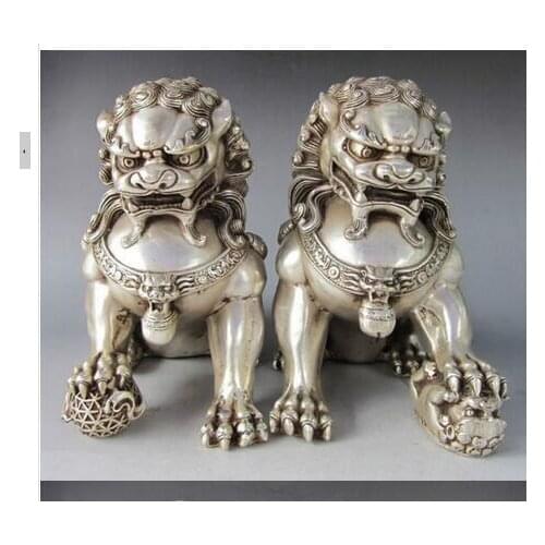 CHINA FOLK 9.8" H CHINESE SILVER BRASS FU FOO DOG GUARDIAN LION STATUE PAIR TIBETAN SILVER DECORATION BRASS OUTLETS