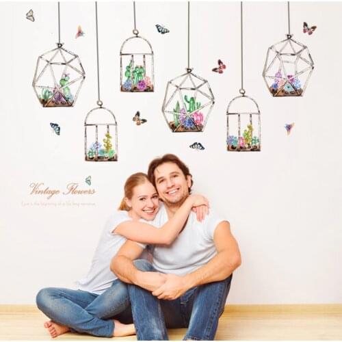 Colorful Flowers Cacti Hanging in the Glass Bottle Wall Stickers Butterfly Stickers for Living Room Bedroom Art Decals Murals