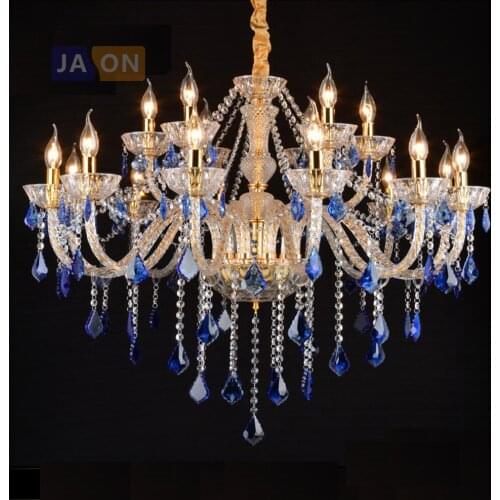 Led e14 European Iron Crystal Glass Fabric Blue Chandelier Lighting Lamparas De Techo Suspension Luminaire Lampen For Foyer