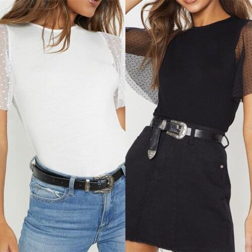 Summer Solid Color Lace Leisure Womens Short-Sleeved Shirt Black White Womens Clothing Mesh Top
