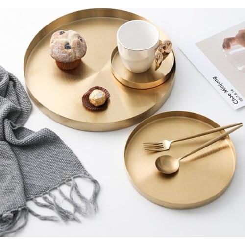 1Pcs Golden Tray Cosmetic Metal Round Storage Gold Snack Cake Tray Saving Organizer Jewelry Display Plate Round Shape Home Decor