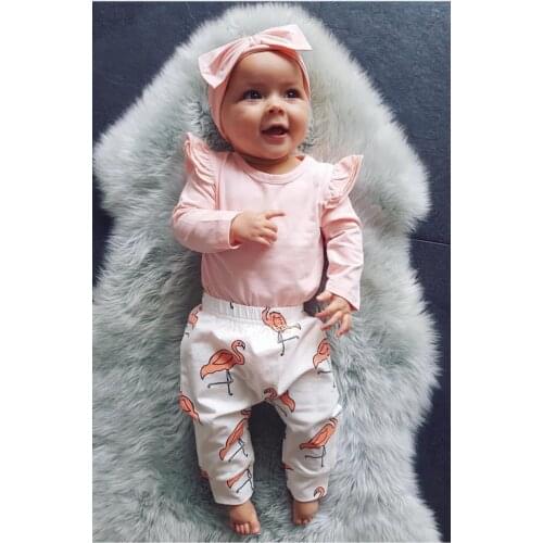 3Pcs Cute Baby Girl Clothes Set Pink Ruffle Autumn Long Sleeve Bodysuits Tops Flamingo Pants Headband Infant Clothing Outfits