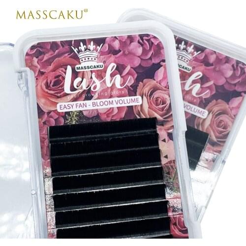 MASSCAKU 8-20mm c/d curl auto fan eyelash extension C D curl super soft deep dark matte black mega lashes with custom packaging