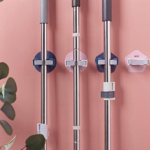 Mop Broom Holder Wall Mounted Household Free Punch Adhesive Storage Broom Hanger Clip Hook Racks Kitchen Bathroom Storage Rack