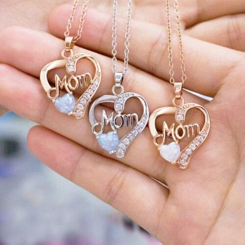 Eif Dock Rose Gold Color Women Necklaces Letter MOM Heart Shape CZ Opal Necklaces Mothers Day Gift Party Jewelry