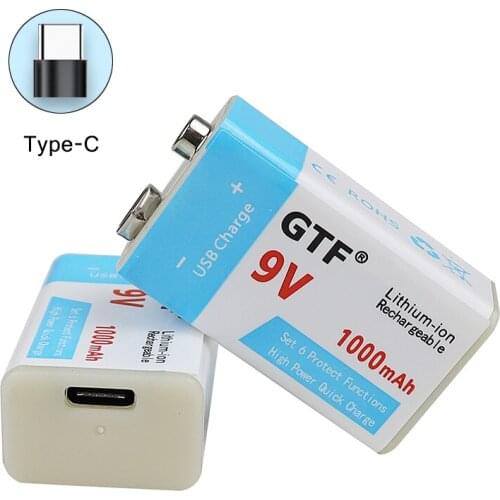 Rechargeable lithium c-type batteries, 9v, 1000mah, usb, for multimeter microphone, toy, remote control, ktv use