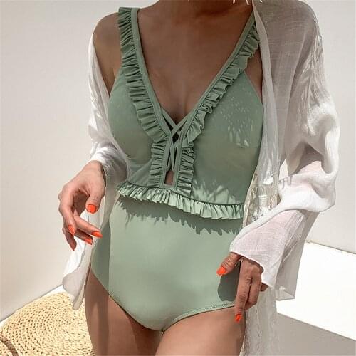 Sexy Lace Up One Piece Swimsuit Women Solid Swimwear Ruffle Monokini High Cut Trikini Open Back Bathing Suit Push Up Pad Green