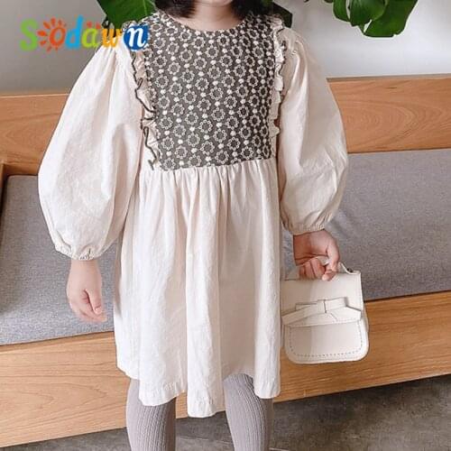 Sodawn Spring Autumn Long Sleeve Flower Stitching Puff Sleeve Dress Girl Clothes Children Dress Kid Clothes
