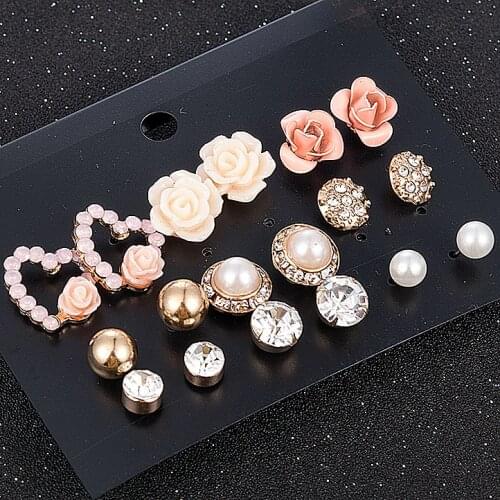 2021 New Fashion Women 9pair/set Flower Pearl Alloy Ear Earring Cute Crystal Wedding Jewelry Gifts For Girl korean fashion