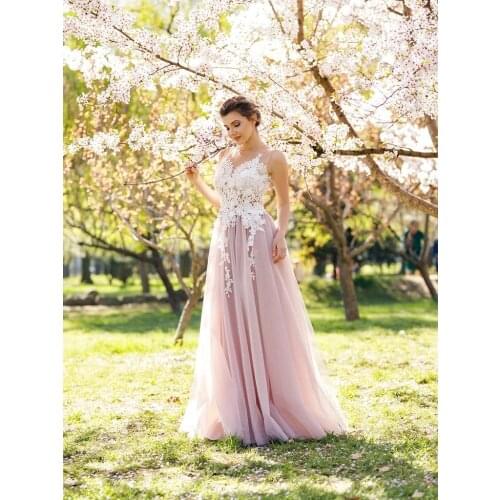 Light Pink Appliques Prom Dresses 2021 Sheer Neckline Long Tulle Formal Evening Dress Robe De Soiree