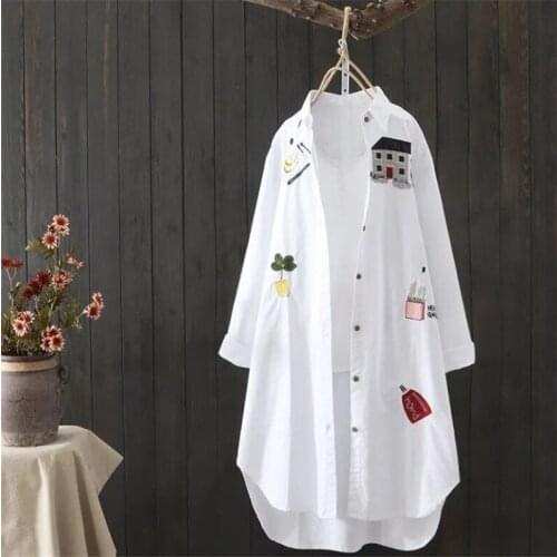 Embroidery Long Shirt Offce Ladies Blouses Spring Autumn Lapel Buttons Top Cotton Patchwork Asymmetry Women Blusas Casual Shirts