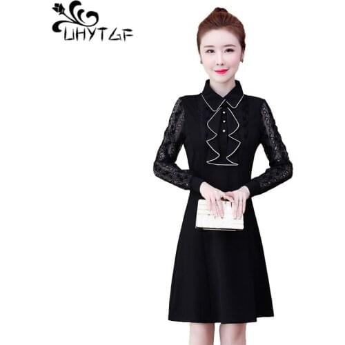 UHYTGF Spring Autumn Elegant Party Dress Women 5XL Plus Size Fake two Dresses Female Korean fashion Lace splice Dress Women X764