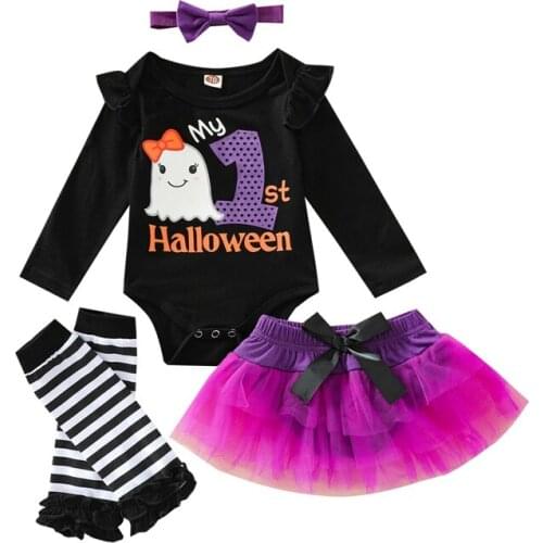 Newborn Halloween Romper + Mesh Skirt Pants + Foot Cover + Headband, Cartoon Print Horizontal Stripes Spring Clothing