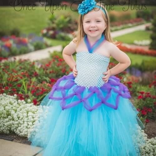 Girls Vintage Mermaid Princess Tutu Dress Kids Crochet Tulle Dress Ball Gown with Flower Headband Children Party Costume Dress