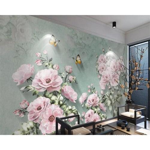 Wellyu Customized large wall painter with European retro vintage 3D rose butterfly TV background wall wallpaper