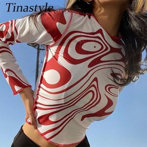 Tinastyle Fashion Printted Sexy T Shirt Women 2021 Long Sleeve O Neck Slim Short Party Shirts Vintage Fashion Casual Crop Tops