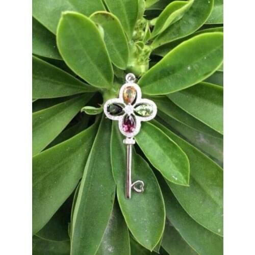 Natural multicolor tourmaline pendant S925 silver Natural Gemstone Pendant Necklace elegant Clover key women fine jewelry