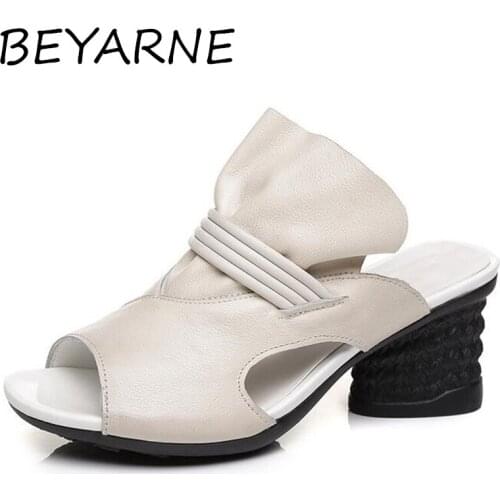 BEYARNE 2020 Summer Shoes Fashion Women Slippers Female Hollow Out Women Genuine Leather Sandals Med Heels Shoes Zapatos Mujer