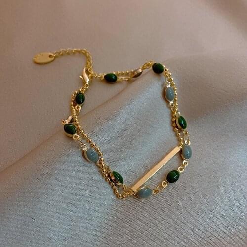 TIMEONLY Korean Blue Green Color Enamel Charm Bracelet for Women Double Layers Gold Color Beaded Chain Bracelet Everyday Jewelry