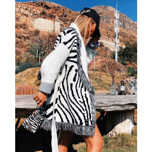 Boho Inspired luxury brand zebra cardigan women shawl lapel oversized knitted cardigan fringed edges belt tied fashion cardgian