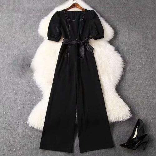 STREET 2021 HIGH Newest Fashion Designer Rompers Womens Short Puff Sleeve Square Neck Patchwork Big Pockets Wide Leg Jumpsuit