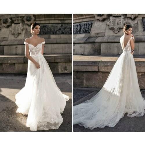 SSYFashion New White Lace Beach Wedding Gown Sexy Backless Sweep Train Beading Lllusion Long Wedding Dress Vestido De Noiva