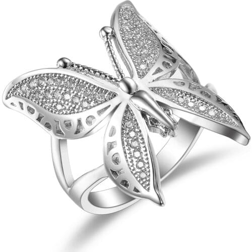 Cute Female Big Butterfly Zircon Stone Open Ring Simple Wedding Ring 925 Sterling Silver Love Engagement Ring