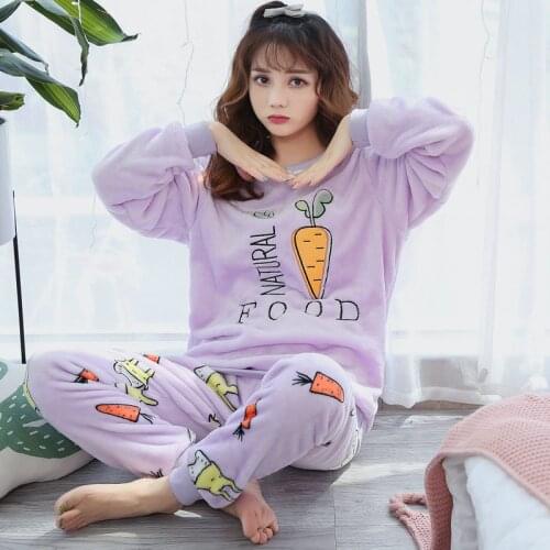 2020 Womens Pajamas Set Winter Thick Warm Flannel Pajama Sets Cartoon Pyjamas Women Homewear Girls Cute Sleepwear Female Pajamas