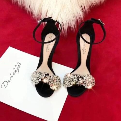 2021 summer new fashion stilettos sexy one word buckle rhinestone bow sandals wild banquet dress large size wedding shoes women