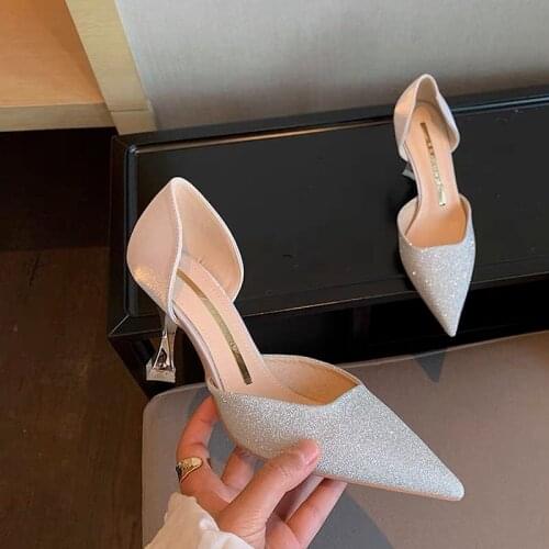 Sandals Stiletto Heels 2021 Womens Female Shoe Med Shallow Mouth New Girls Medium Elastic Band High Summer Comfort Retro Clear