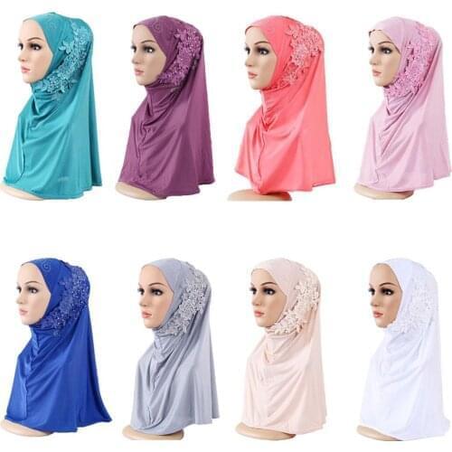 One Piece Women Muslim Flower Hijab Lace Scarf Islamic Amira Headwear Shawls Islamic Headscarf Turban Hair Loss Hat Arab Fashion
