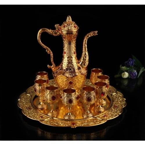 Zinc alloy metal wine set 10PCS/set decanter 1 wine pot flagon flask 8 cups tray drinksware embossed Home Decoration JJ026